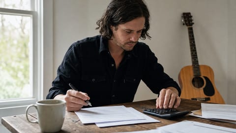 A music executive and artist reviewing paperwork at a conference table, representing label deal negotiation