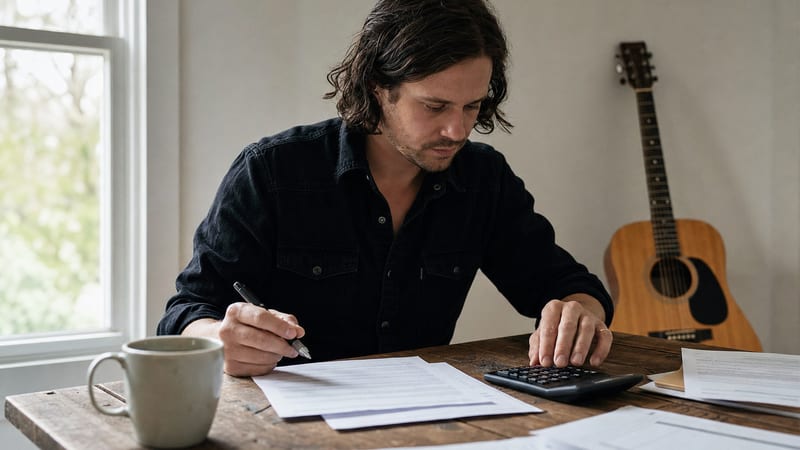 A music executive and artist reviewing paperwork at a conference table, representing label deal negotiation