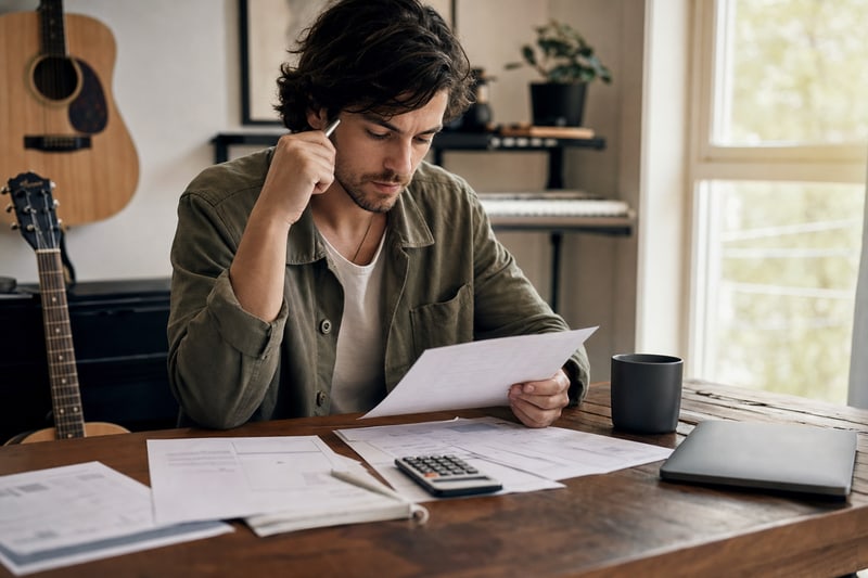 Editorial photograph of a musician at a home desk reviewing a document and financial figures with a calculator and laptop nearby, natural window light, acoustic guitar visible in the background, no readable text on documents or screen.