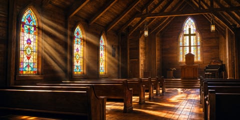 Country songwriter at an upright piano in a small wooden church with hymnals on a side pew, evoking gospel as the hidden architecture of the country song.