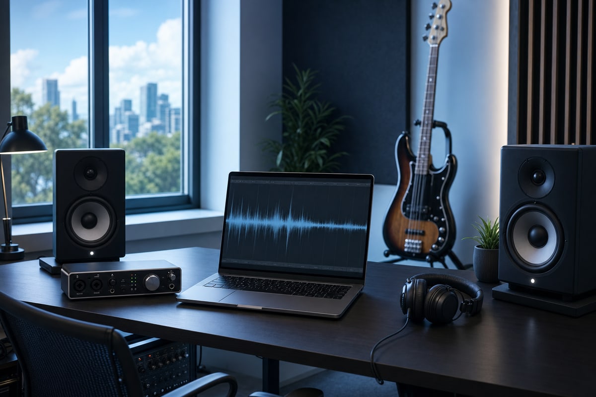 A modern studio desk with a laptop and audio interface and studio monitors, a subtle waveform visible on the screen with no readable text, and a bass guitar resting on a stand in the background