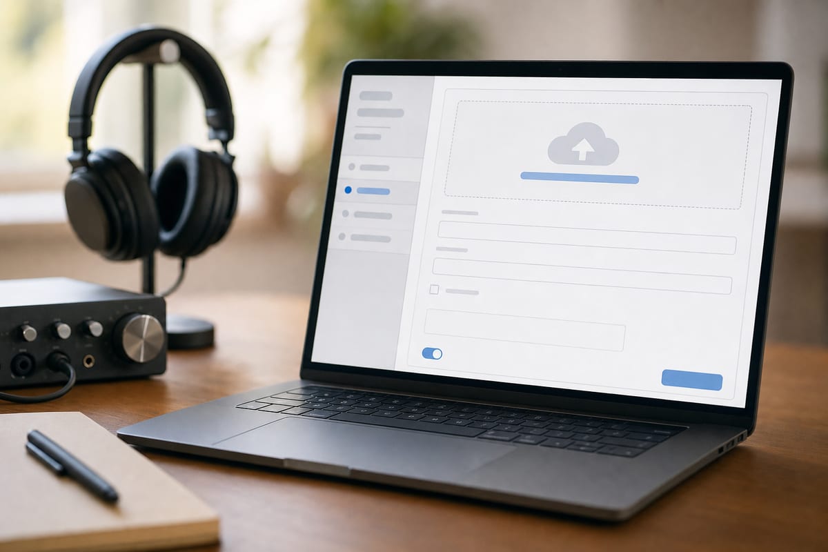 A laptop showing a music upload form interface on a clean desk, with studio monitor headphones and a small audio interface in the background in warm light