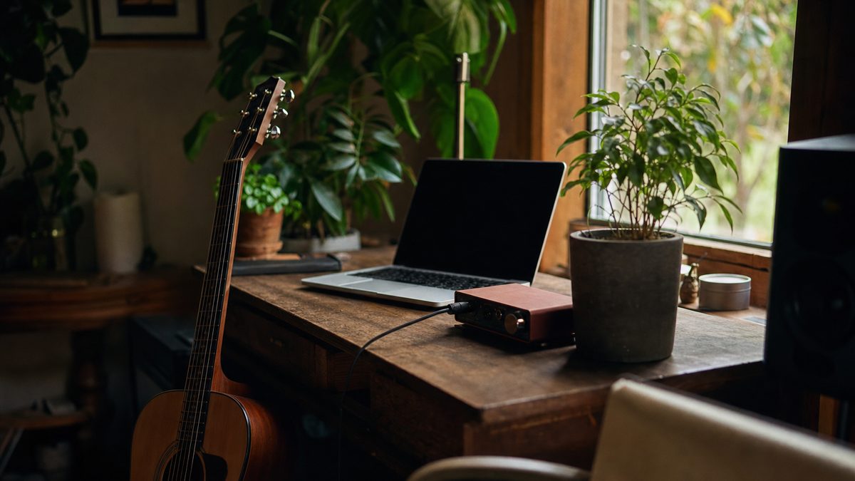 A musician working with both a guitar and a laptop in a home studio, blending traditional instruments with software tools