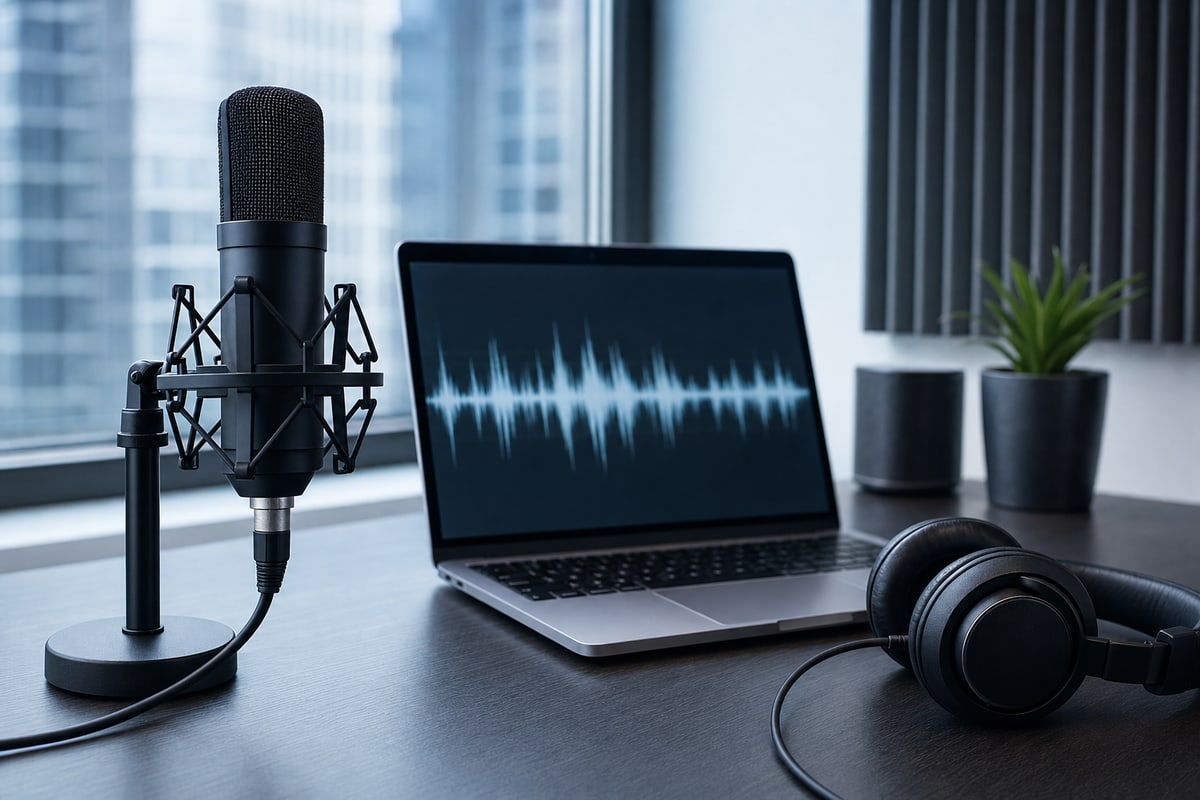 A studio microphone on a desk with a soft waveform visible on a laptop screen and headphones beside it in cool blue daylight