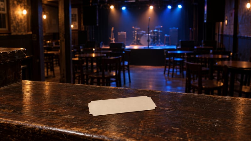A blank paper ticket rests on a small venue box-office counter, with an empty stage softly out of focus behind it.