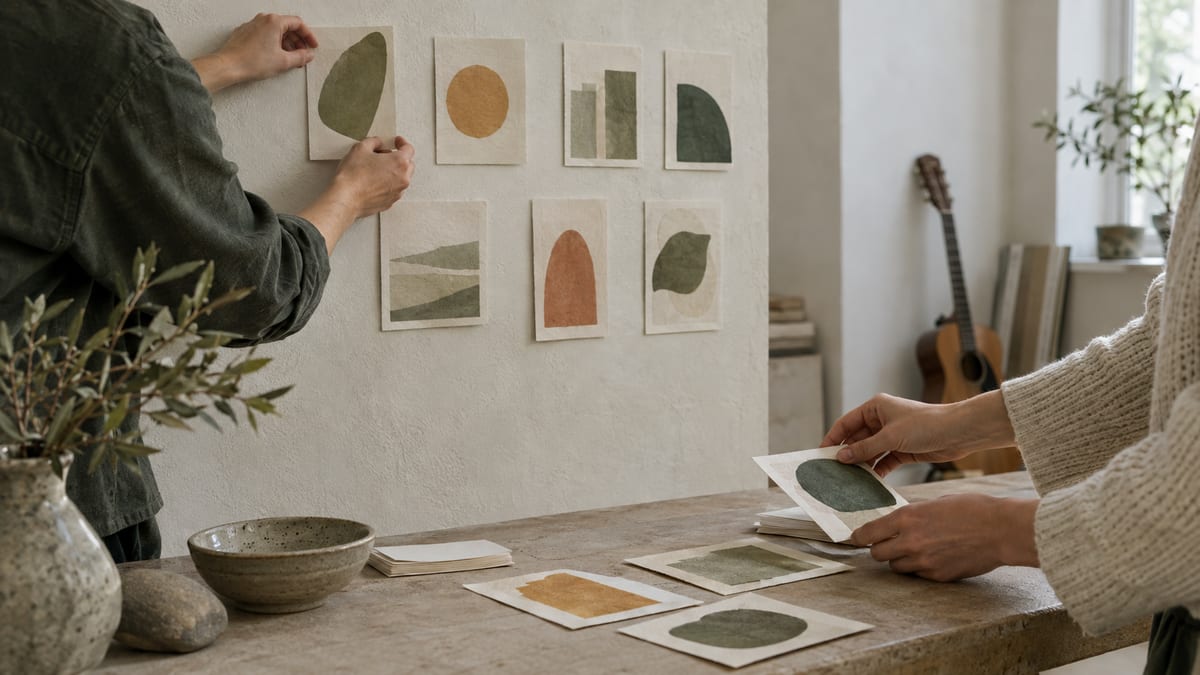 Two people arranging wordless abstract art cards in a daylit studio, with a guitar resting in the background.