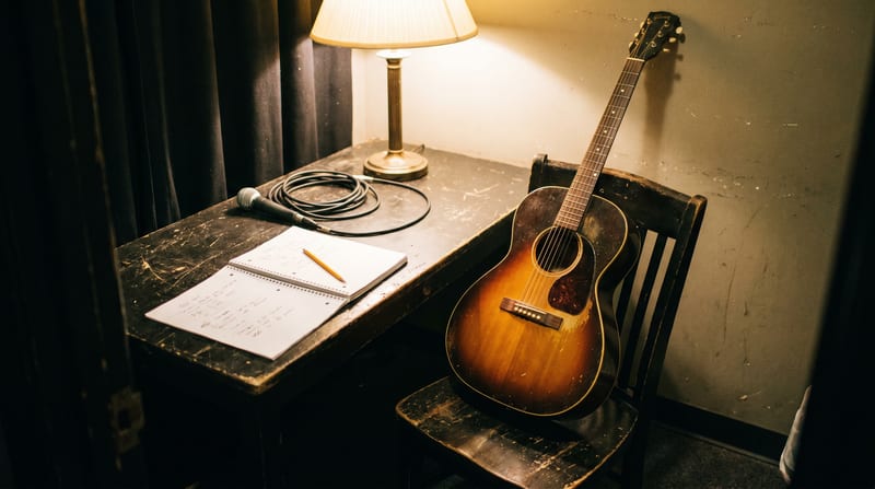 Americana songwriter circle with acoustic guitar, dobro, fiddle, and a notebook of lyrics on a weathered wooden table.