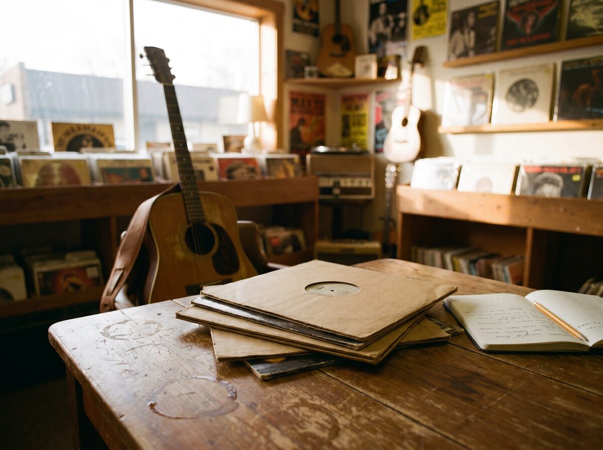 Editorial photograph of the interior of an independent record store in late afternoon light: a worn wooden table in the foreground holding a small stack of unsleeved vinyl records and an open spiral notebook, an acoustic dreadnought guitar resting on a chair beside the table, deep bins of vinyl LPs filling the room behind it, framed concert posters on the back wall, a second acoustic hanging from a shelf above the right-hand bins, and a vintage radio in the middle distance.