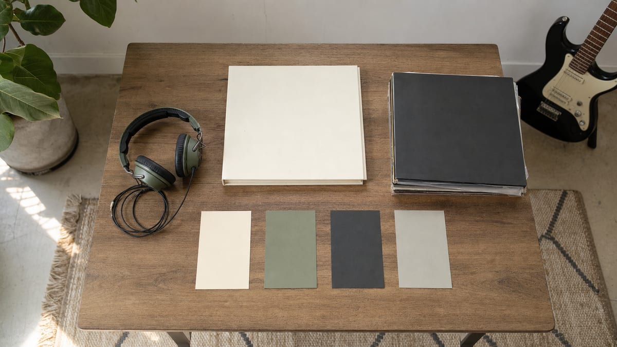 Bright overhead table with closed cream portfolio, blank color swatches, headphones, unmarked record sleeves, and a guitar leaning against the wall.