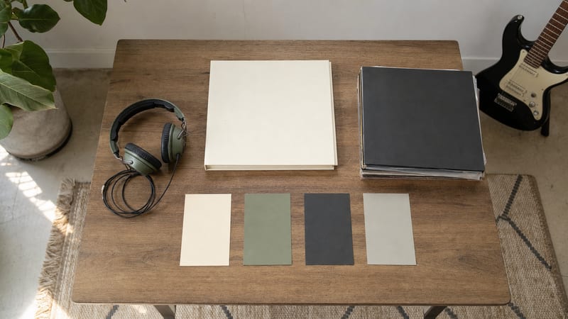 Bright overhead table with closed cream portfolio, blank color swatches, headphones, unmarked record sleeves, and a guitar leaning against the wall.
