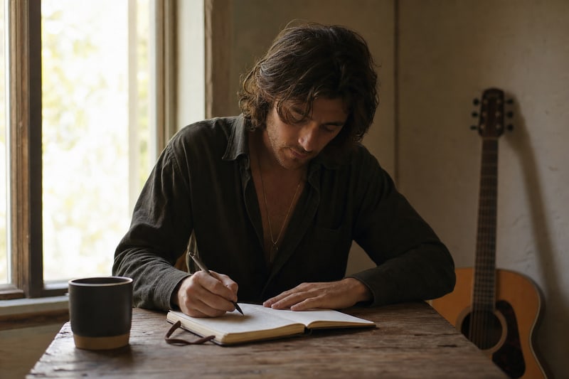An independent songwriter writing in a journal at a rustic desk with an acoustic guitar against the wall