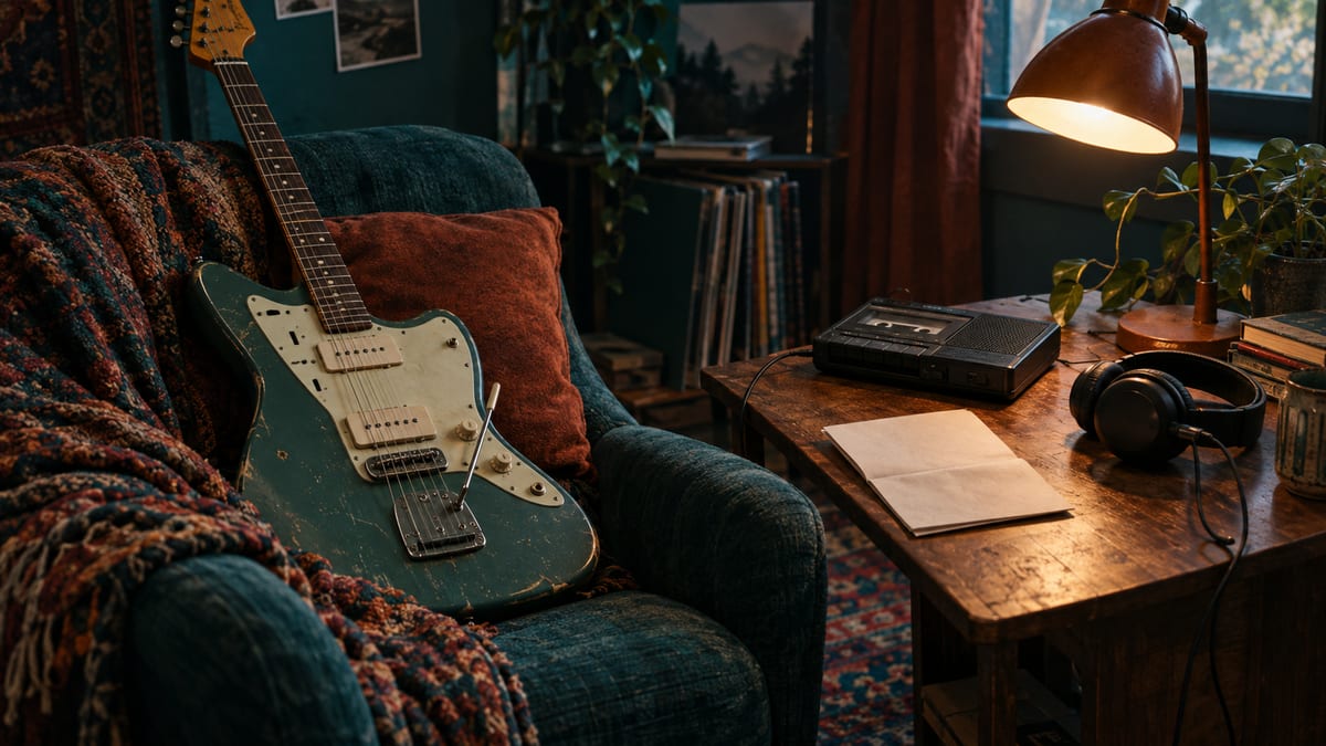 Resting electric guitar beside a cassette recorder, headphones, blank paper, and a warm desk lamp in a quiet listening room.