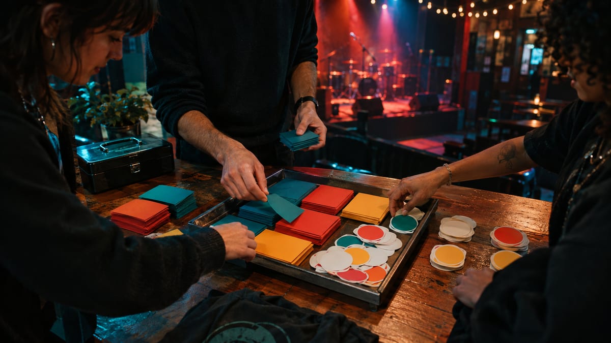 Volunteers arrange blank colored cards at a small venue merch table under warm stage lights.