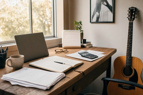 A songwriter desk with a notebook, calendar, and royalty paperwork beside a leaning acoustic guitar