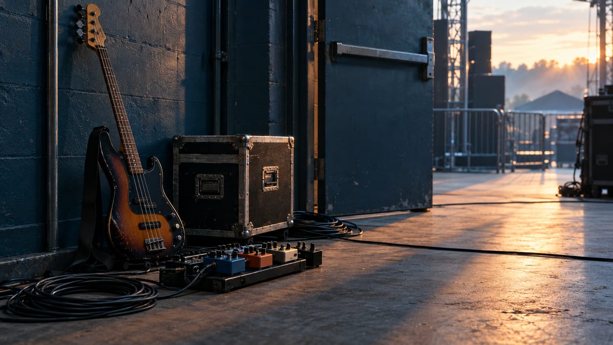 Resting bass guitar, pedalboard, coiled cables, and road case beside a venue side door at dawn.