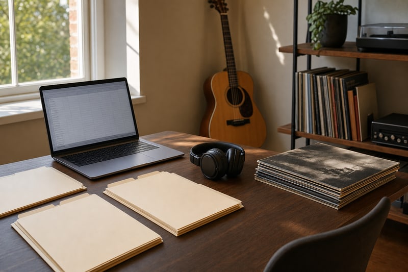 Photograph of an independent artist's working desk with a closed laptop, paper notebook of catalog notes, a small-body acoustic guitar by the window, a shelf of vinyl LPs and books, headphones, and folders on the wooden tabletop.
