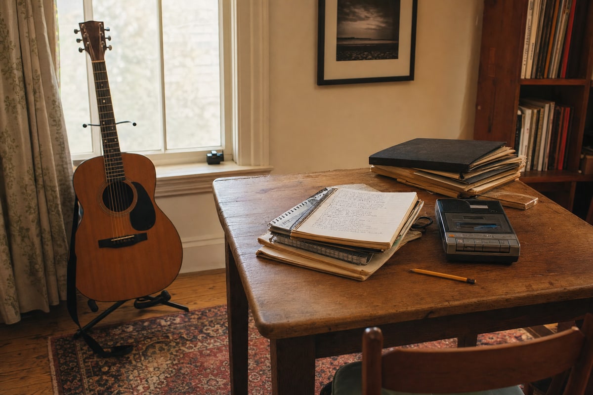 Photograph of a working songwriter's room in warm window light: a small-body acoustic guitar on a stand by a tall window, a worn wooden writing table with a spiral-bound notebook open to a page of handwritten lyric drafts, a stack of paperbacks and a hardbound songbook, a portable cassette recorder on the table, a framed black and white landscape photograph above, and a tall bookshelf of vinyl LPs in the background.