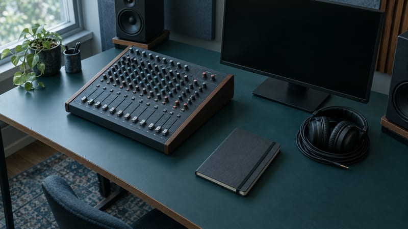 Cool blue-gray home studio with a compact audio console, closed notebook, and headphones on a desk; screen dark and unreadable.