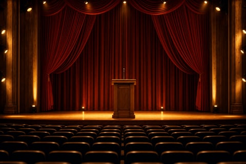 Photograph of a wide empty award venue stage in warm stage lighting: rows of empty theater seats, a podium at center stage with a microphone, deep red curtains, soft gold and amber lighting.