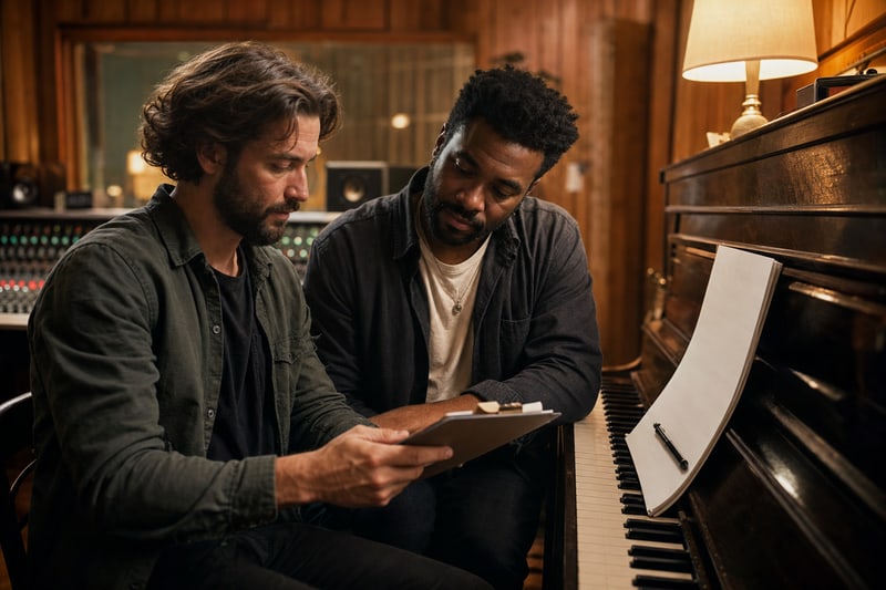Editorial photograph of two songwriters at a piano in a warm wood-paneled studio reviewing paperwork on a clipboard, both engaged and focused on the documents, no readable text visible.