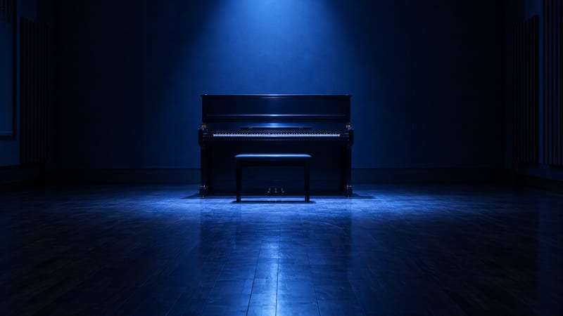 An upright piano and bench sit alone in an empty rehearsal room under a cool blue spotlight.