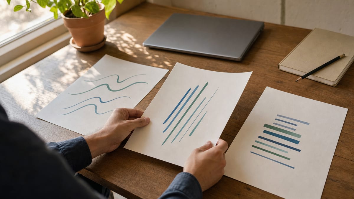 An artist's hands compare three abstract blue-green report sheets beside a closed laptop.