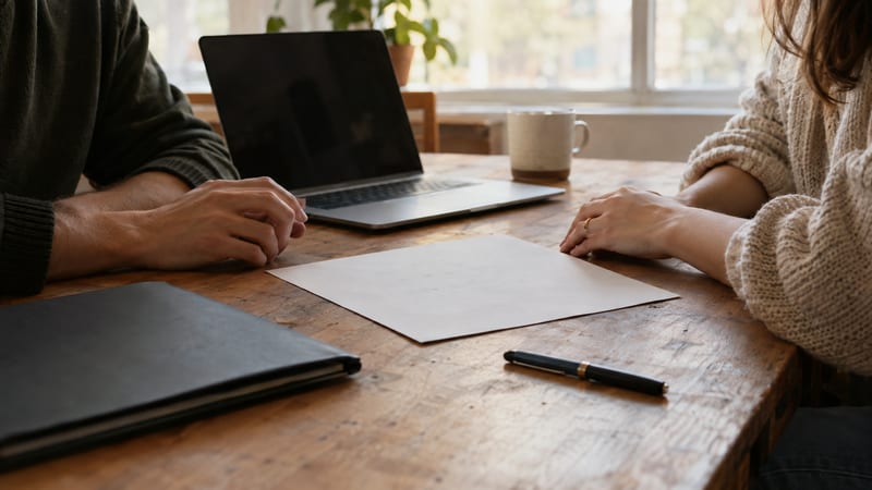 Two songwriters review an unmarked sheet of paper at a table, with a closed folder and dark laptop nearby.