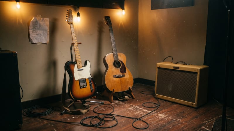 Country rock stage at dusk with worn Telecaster, pedal steel guitar, road map of the American South, and Nashville skyline on the horizon.