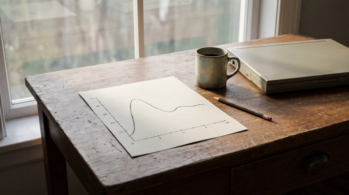 Editorial photograph of a quiet independent artist workspace at dusk with a notebook, laptop, and analytics dashboard open in soft window light.