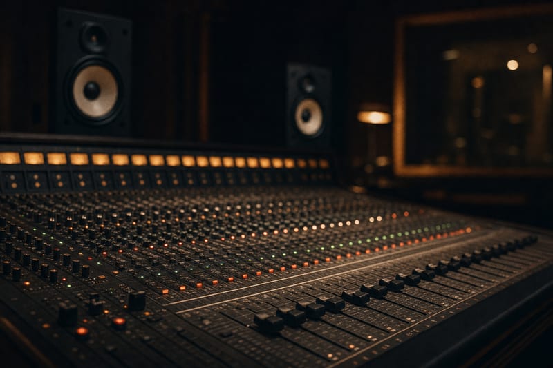 Editorial photo: a home studio desk with a laptop showing a waveform, an audio interface, and a microphone in the background, warm evening light, no readable text