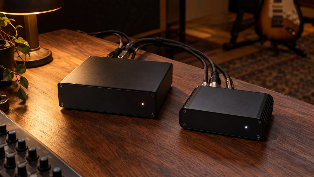 Two unmarked audio boxes and neatly routed cables sit on a warm studio workbench.