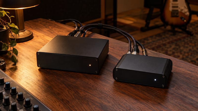 Two unmarked audio boxes and neatly routed cables sit on a warm studio workbench.