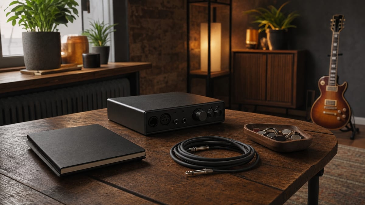 Warm studio table with a closed black notebook, audio interface, cable, pick tray, and a small intact guitar resting on a stand in the background.