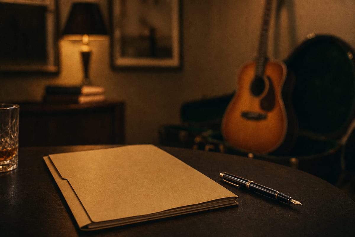 Editorial photo: a contract folder and a pen on a table under warm lamp light, with a guitar case in the background; no readable text.
