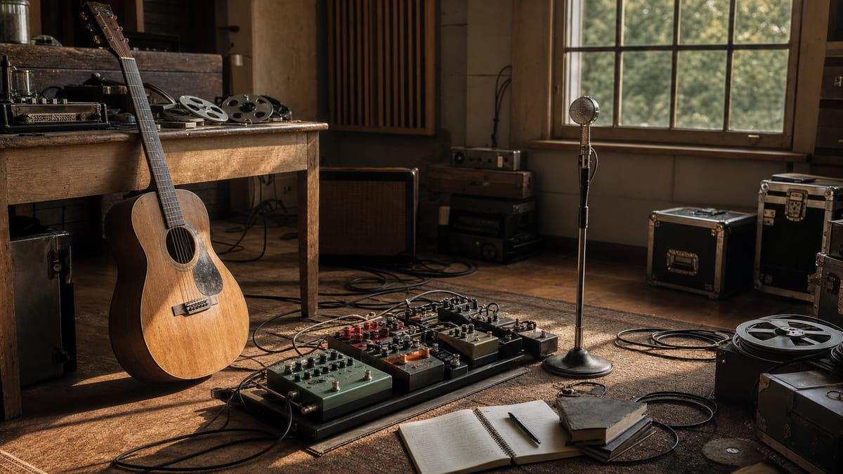 Editorial archive image illustrating Electric Guitar Pedalboard Design for Roots Recording Sessions.