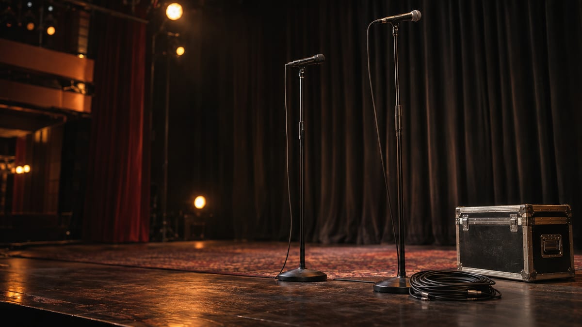 Two microphone stands and a closed road case wait on an empty stage under warm amber lights.