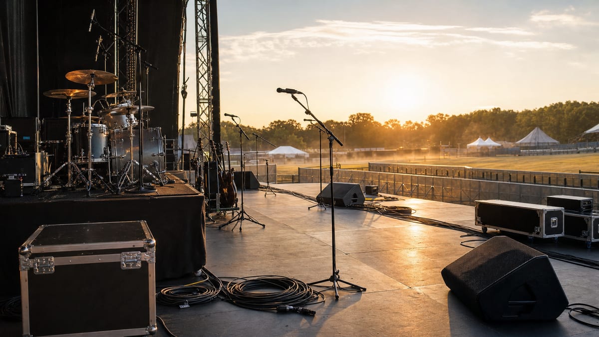 An empty outdoor festival stage is prepared for a quick band change, with a tidy drum riser, coiled cables, and labeled but unreadable equipment cases.