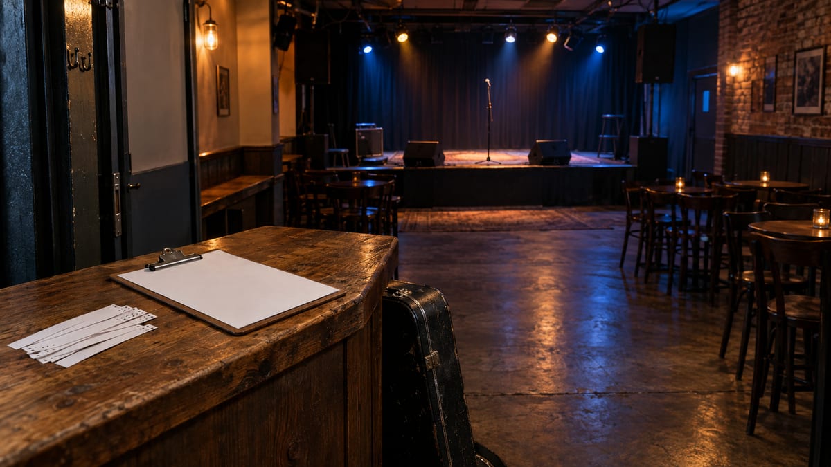 Small independent venue set for a show, with an empty clipboard at the ticket counter and stage lights in the room.