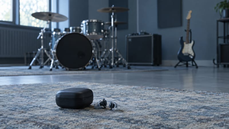 A cool blue-gray rehearsal room with a pair of musician earplugs, folded hearing protection case, and a guitar resting on a stand away from the drum kit.