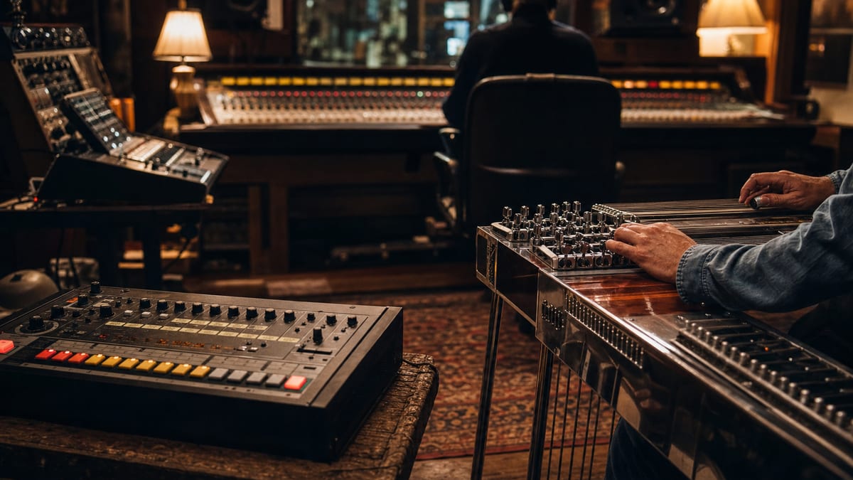 Editorial archive image illustrating Hip-Hop's Influence on Country Production: Trap Hi-Hats and Pedal Steel.