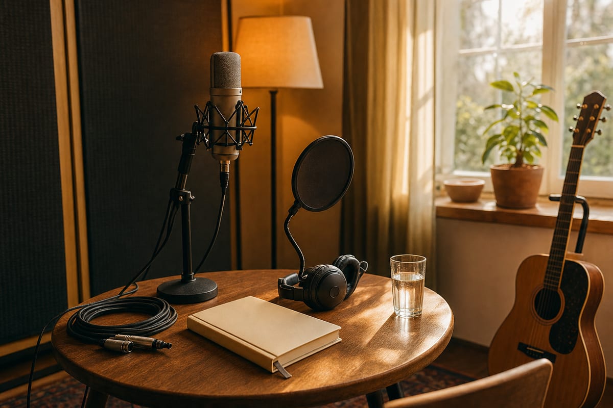 Warm amber home vocal booth with a microphone, pop filter, coiled cable, closed cream notebook, headphones, glass of water, and a guitar resting on a stand, no readable text.