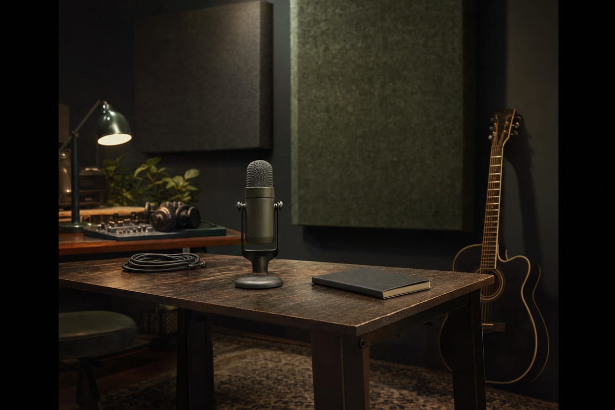 Moody home studio with a closed notebook, compact microphone on a stand, acoustic panels, and a guitar resting near the wall.