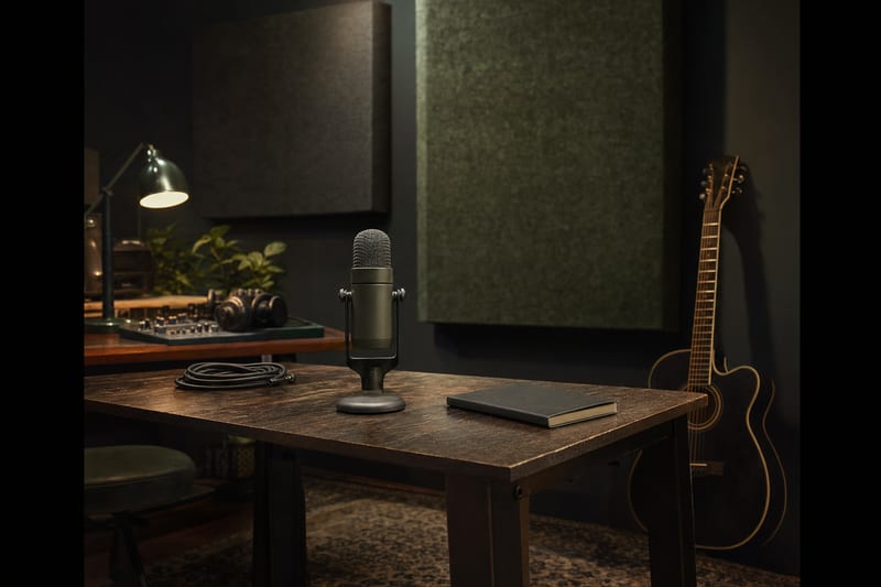 Moody home studio with a closed notebook, compact microphone on a stand, acoustic panels, and a guitar resting near the wall.