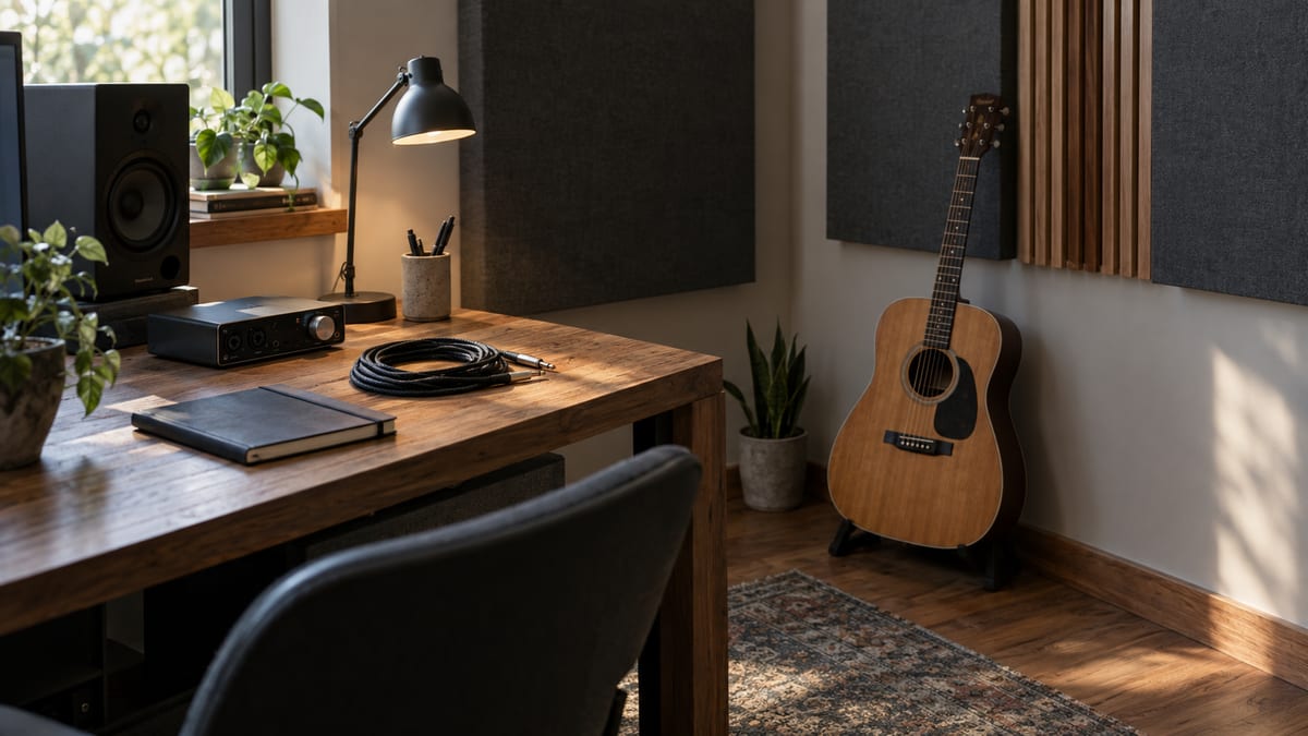 Quiet home studio corner with a compact audio interface, closed notebook, coiled cable, acoustic treatment, and a guitar resting against a wall.