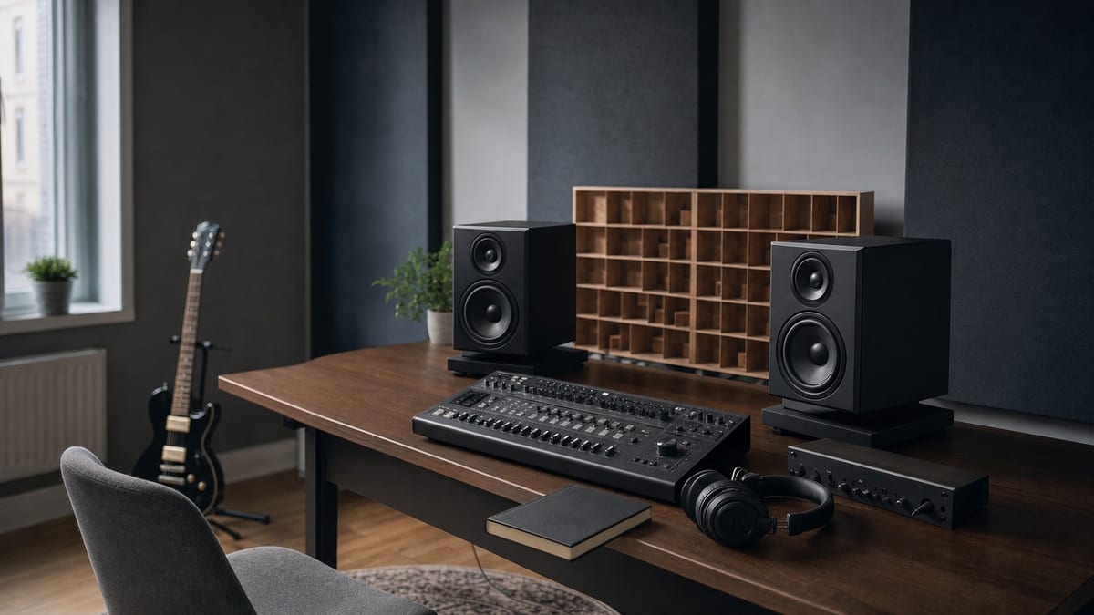 Cool blue-grey home recording room with speakers, acoustic panels, a closed notebook, and a resting electric guitar.