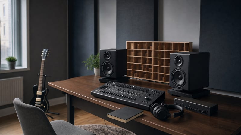 Cool blue-grey home recording room with speakers, acoustic panels, a closed notebook, and a resting electric guitar.