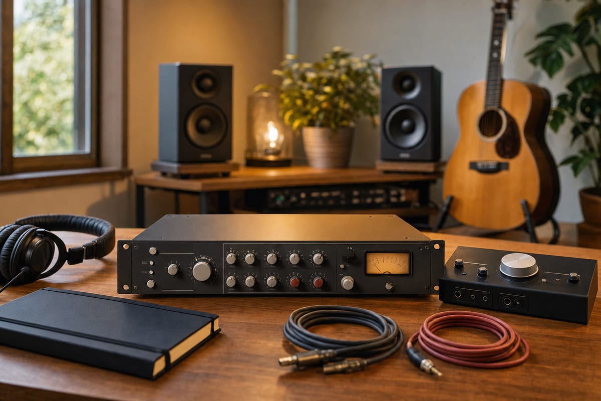 Warm home studio desk with a hardware compressor, headphones, coiled cables, speakers, closed notebook, and a resting guitar.