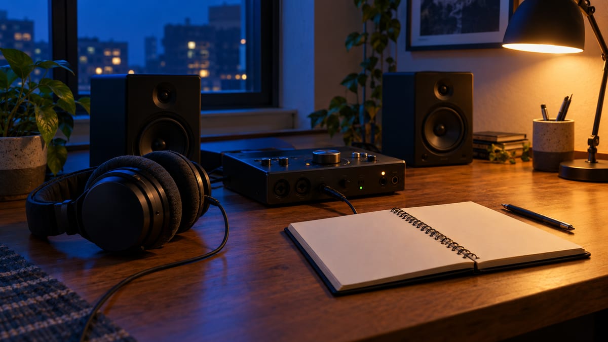 Over-ear headphones beside an audio interface, compact speakers, and a blank notebook on a home studio desk at night.