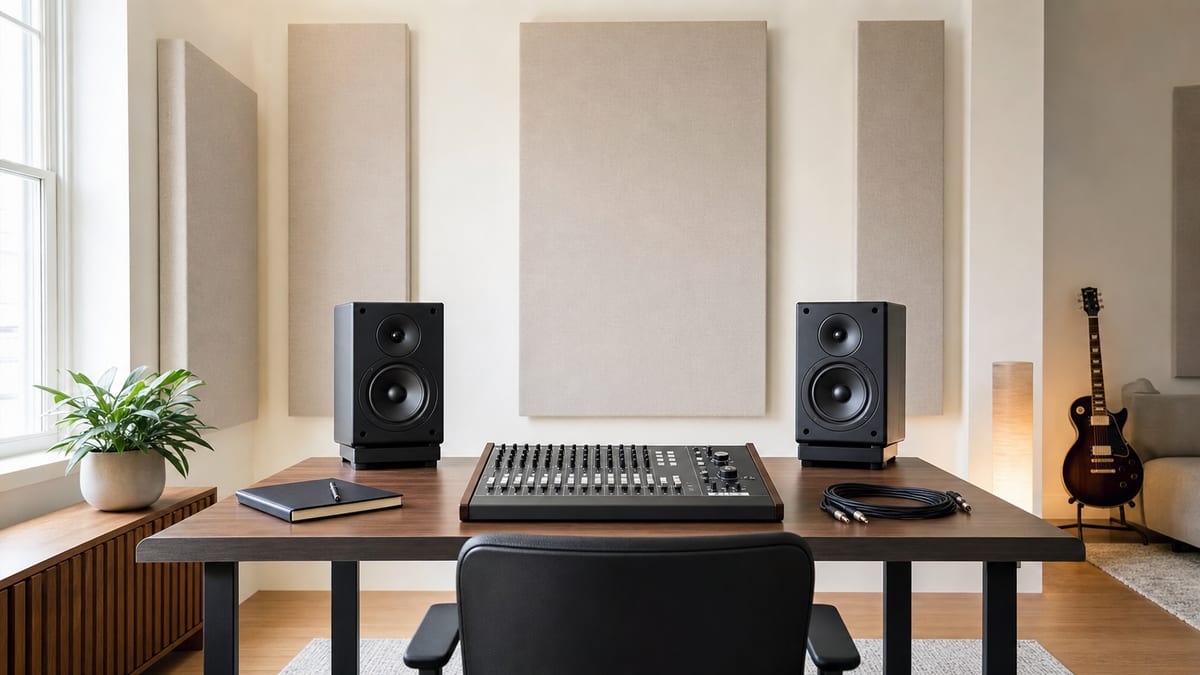 Bright symmetrical home studio with paired monitor speakers, mixing surface, closed notebook, coiled cable, and a distant resting guitar, no readable text.