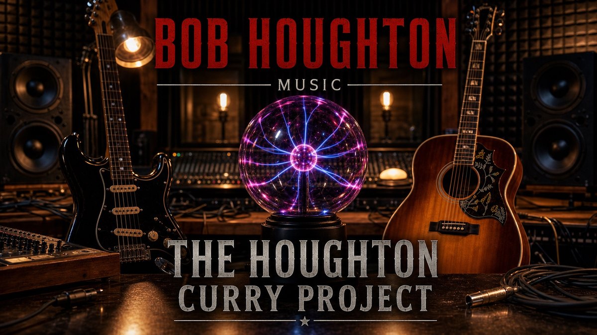Album art for The Houghton / Curry Project showing a plasma globe and guitars in a home studio under the title Bob Houghton Music